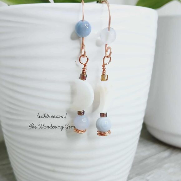BOGO EARRINGS Crescent Moon Blue Lace Agate Crystal Beaded Dangle Earrings 2" - Picture 4 of 5